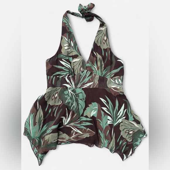Michael Kors Silk Tropical Plant Leaf Halter Tank Top - Picture 1 of 7
